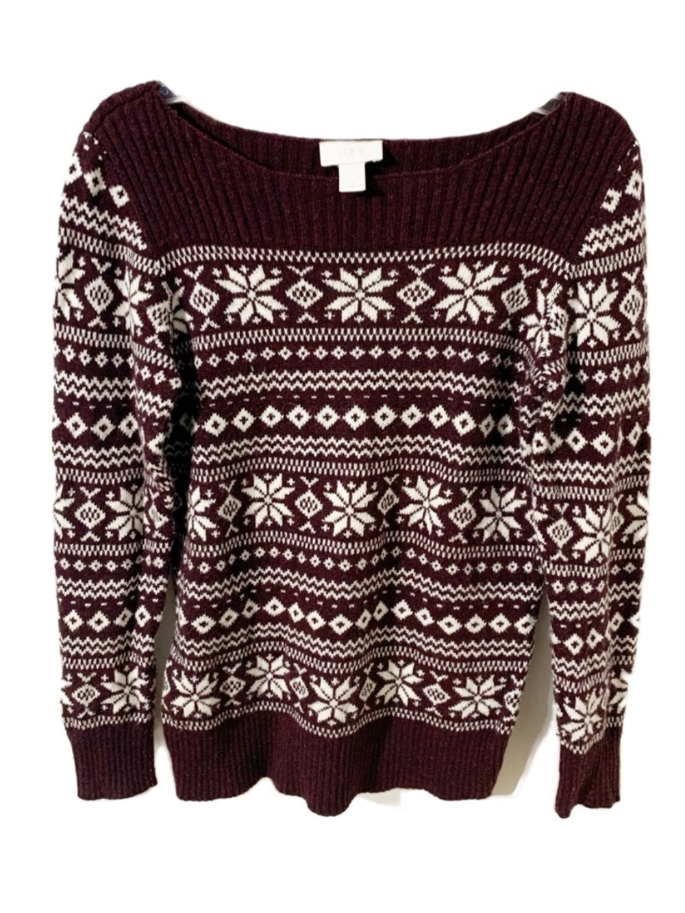 Ann Taylor LOFT Factory Plum Fair Isle Snowflake Boatneck Sweater Cotton Blend